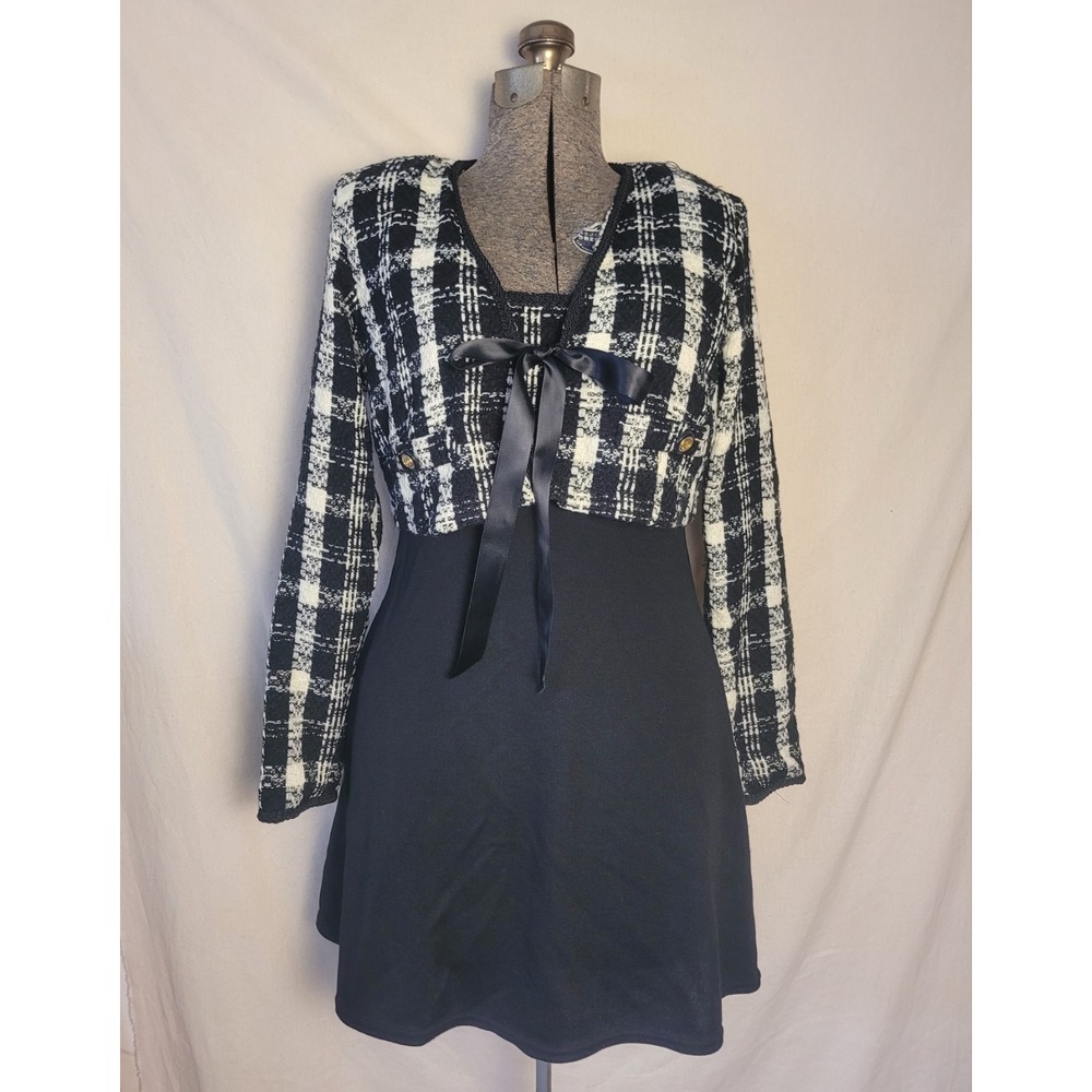 Vintage 80s 90s Tweed Dress Bolero Top 2 Piece‎ Black White Plaid Size M/L Y2k
